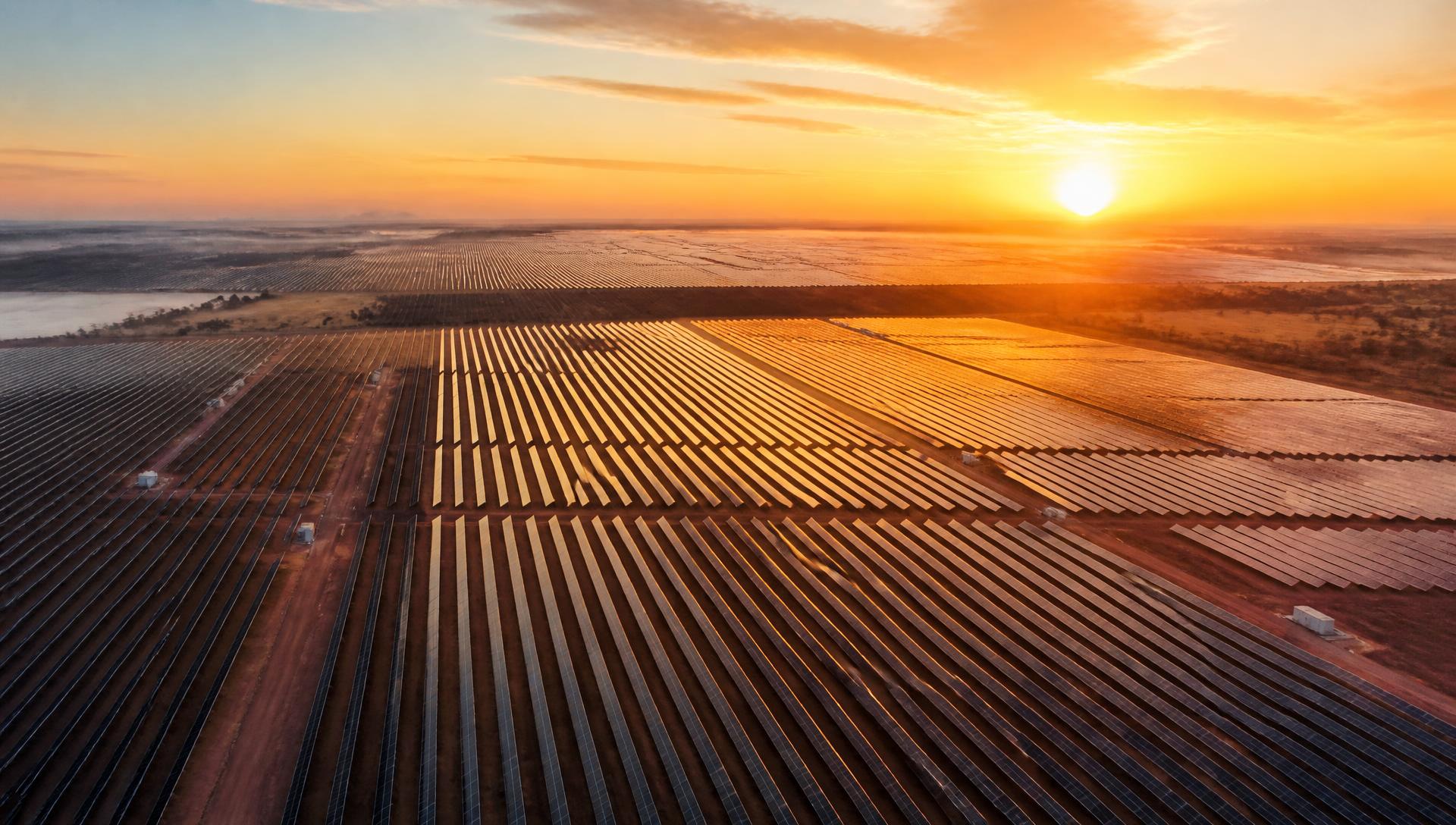 Complexo solar fotovoltaico ao nascer do sol em Goiás